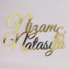 Load image into Gallery viewer, Cake Topper Mirror Gold Artcard and Acrylic for Wedding, Engagement, Pengantin Baru, Bertunang E-day dll