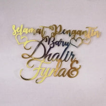 Load image into Gallery viewer, Cake Topper Mirror Gold Artcard and Acrylic for Wedding, Engagement, Pengantin Baru, Bertunang E-day dll