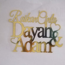 Load image into Gallery viewer, Cake Topper Mirror Gold Artcard and Acrylic for Wedding, Engagement, Pengantin Baru, Bertunang E-day dll