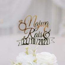 Load image into Gallery viewer, Cake Topper Mirror Gold Artcard and Acrylic for Wedding, Engagement, Pengantin Baru, Bertunang E-day dll
